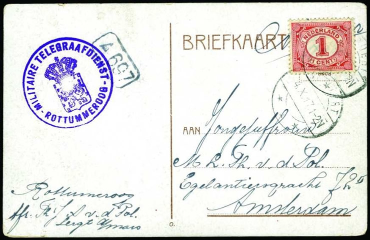 In 1917 verzonden vanaf Rottumeroog met stempel van de 'Militaire Telegraafdienst Rottumeroog' (sic).